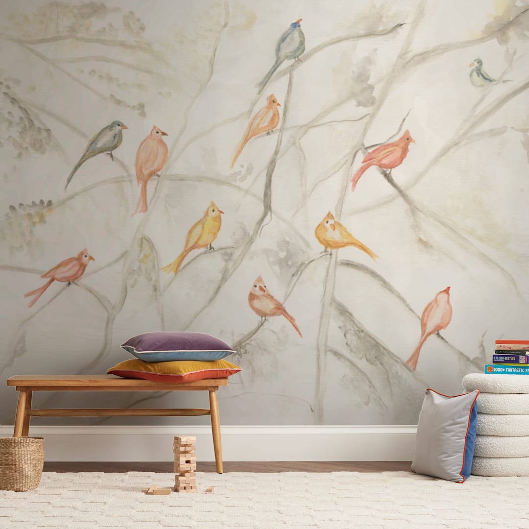 "Birds on trees" - Wall Mural in White by Flavia Carneiro - In a Room