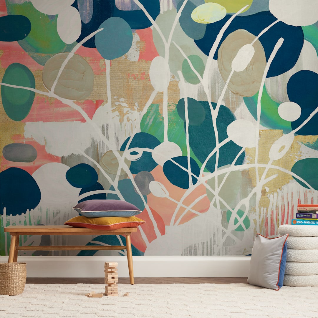 "Summer Rising" - Wall Mural in Aqua by Nancy Ramirez - In a Room