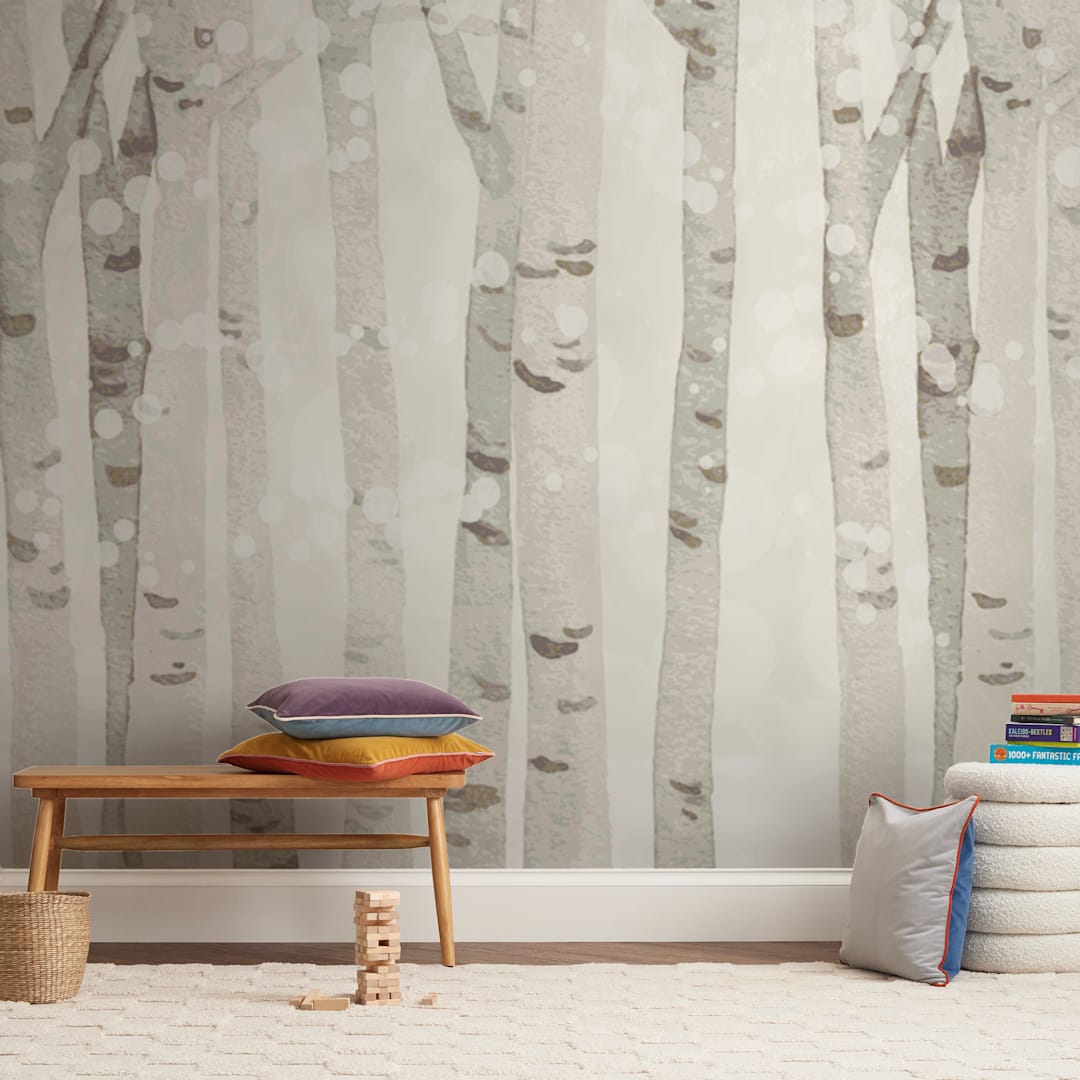 "Birch Woods in Winter" - Wall Mural in Grey by Shannon Chen of Four Wet Feet Studio - In a Room