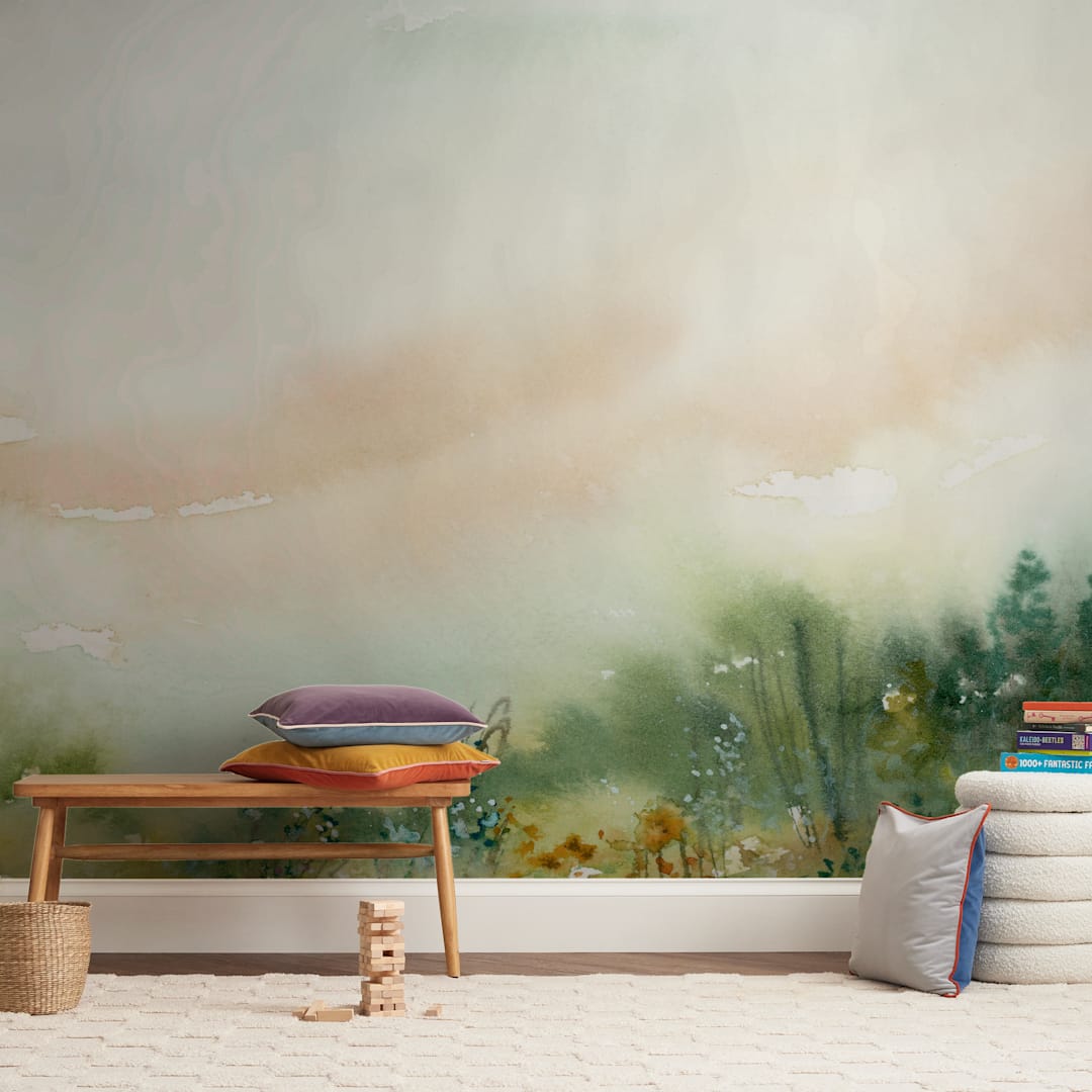"MeadowLand" - Wall Mural in Olive Green by Lindsay Megahed - In a Room