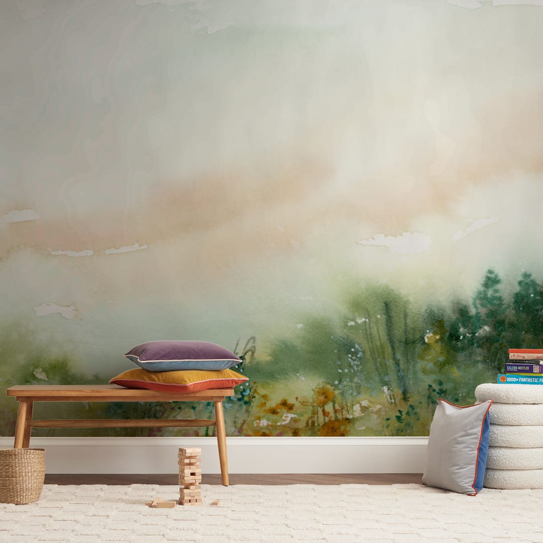 "MeadowLand" - Wall Mural in Olive Green by Lindsay Megahed - In a Room