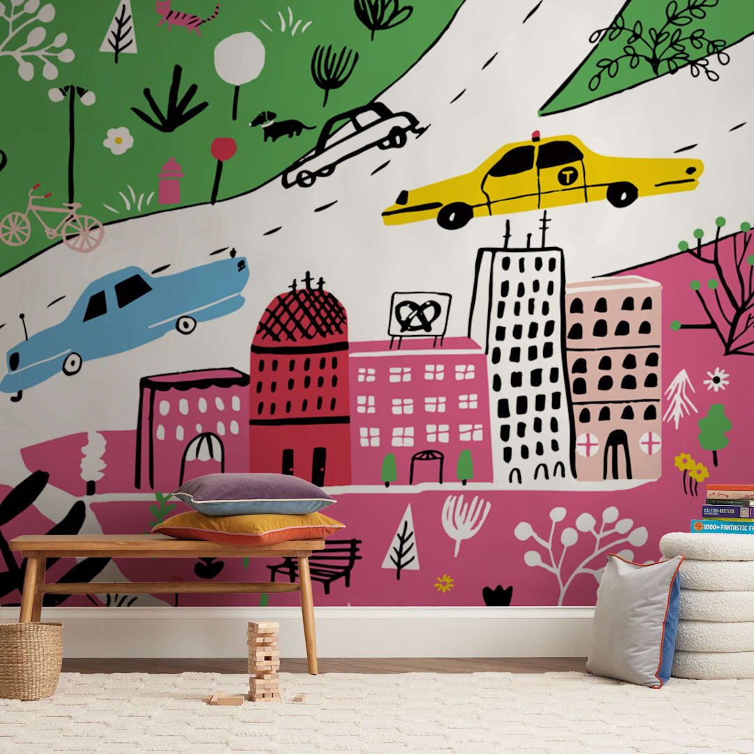 "City State of Mind" - Wall Mural in Pink by Jordan Sondler - In a Room