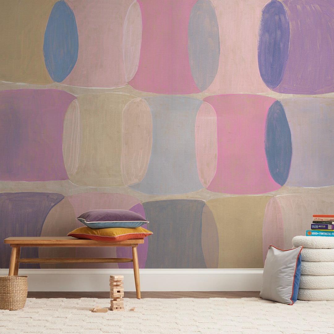 "Painted Geo Overlay" - Wall Mural in Pink by Amy Toneys - In a Room