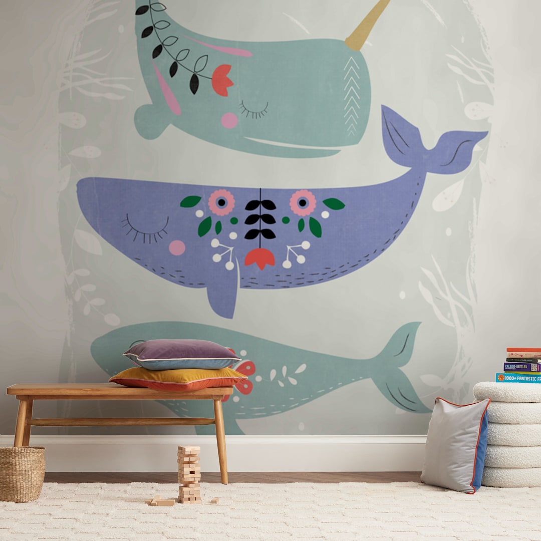 "Folk Whales" - Wall Mural in Grey by Hannah Williams - In a Room