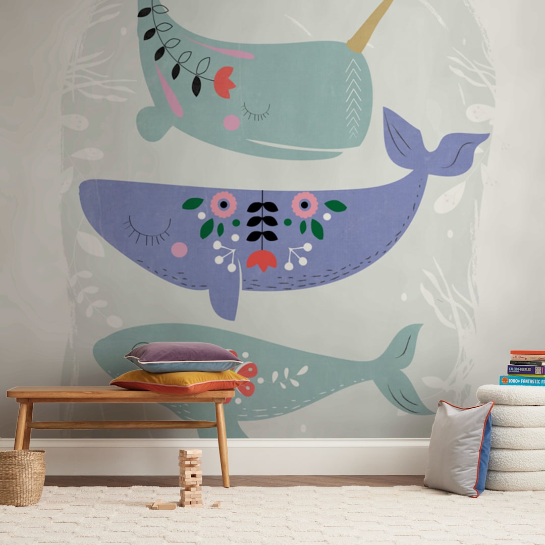 "Folk Whales" - Wall Mural in Grey by Hannah Williams - In a Room