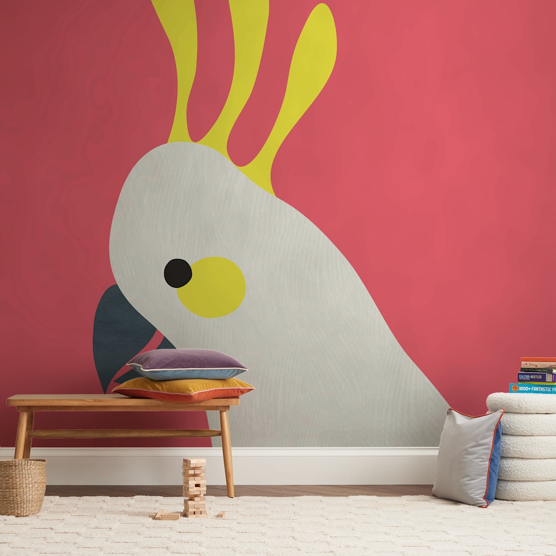 "Hello Cocky! " - Wall Mural in Cherry Red by Catherine Culvenor - In a Room