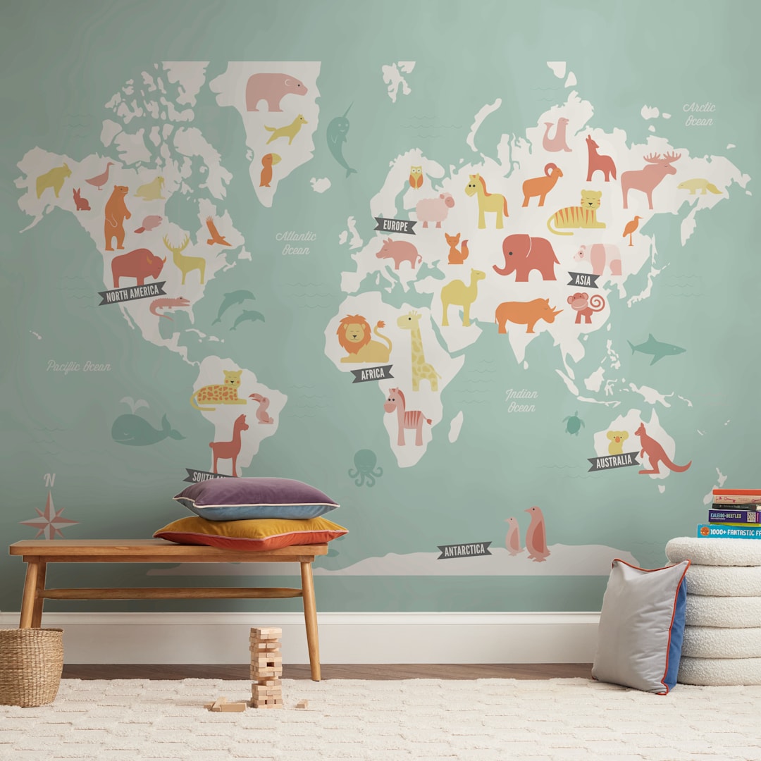 "Animal World Map" - Wall Mural in Aqua by Jessie Steury - In a Room