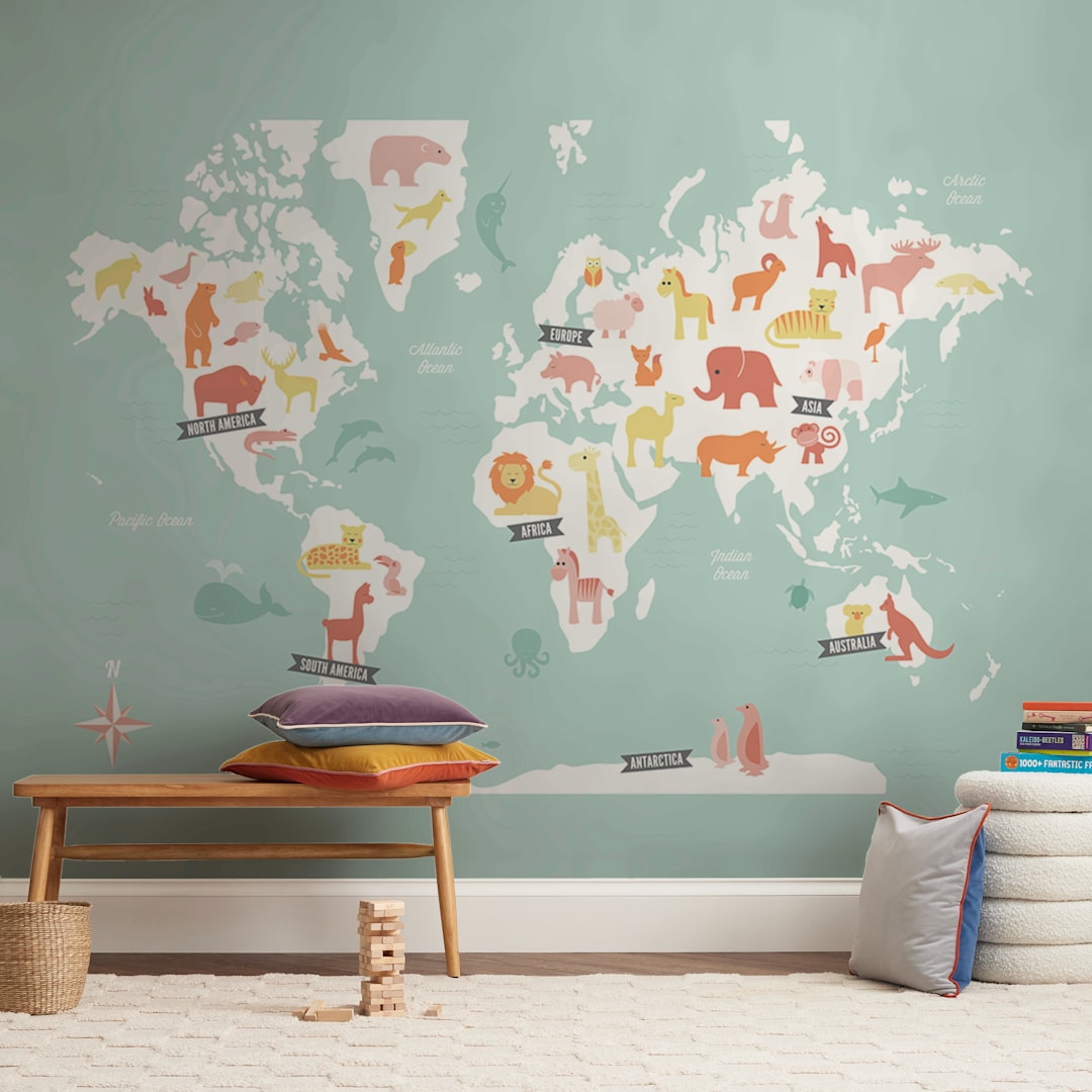 "Animal World Map" - Wall Mural in Aqua by Jessie Steury - In a Room