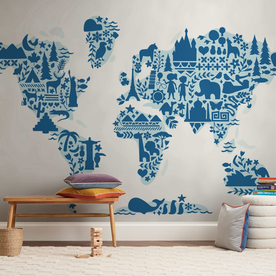 "Little Big World Map" - Wall Mural in Navy by Jessie Steury - In a Room