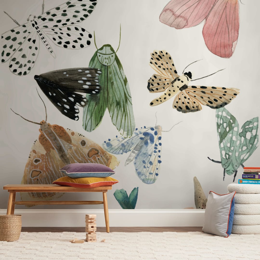 "Moths" - Wall Mural in White by Emilie Simpson - In a Room
