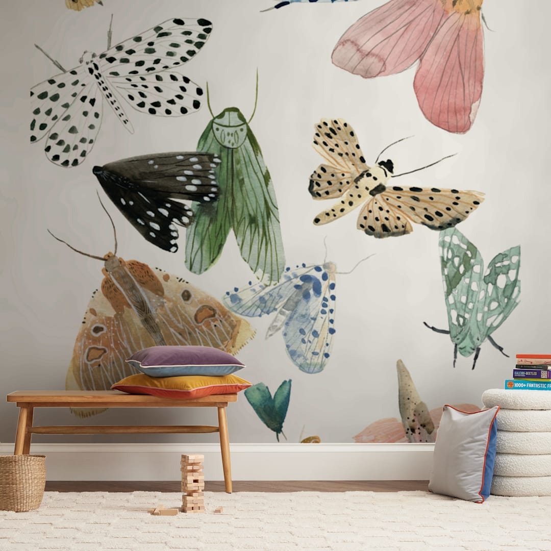 "Moths" - Wall Mural in White by Emilie Simpson - In a Room