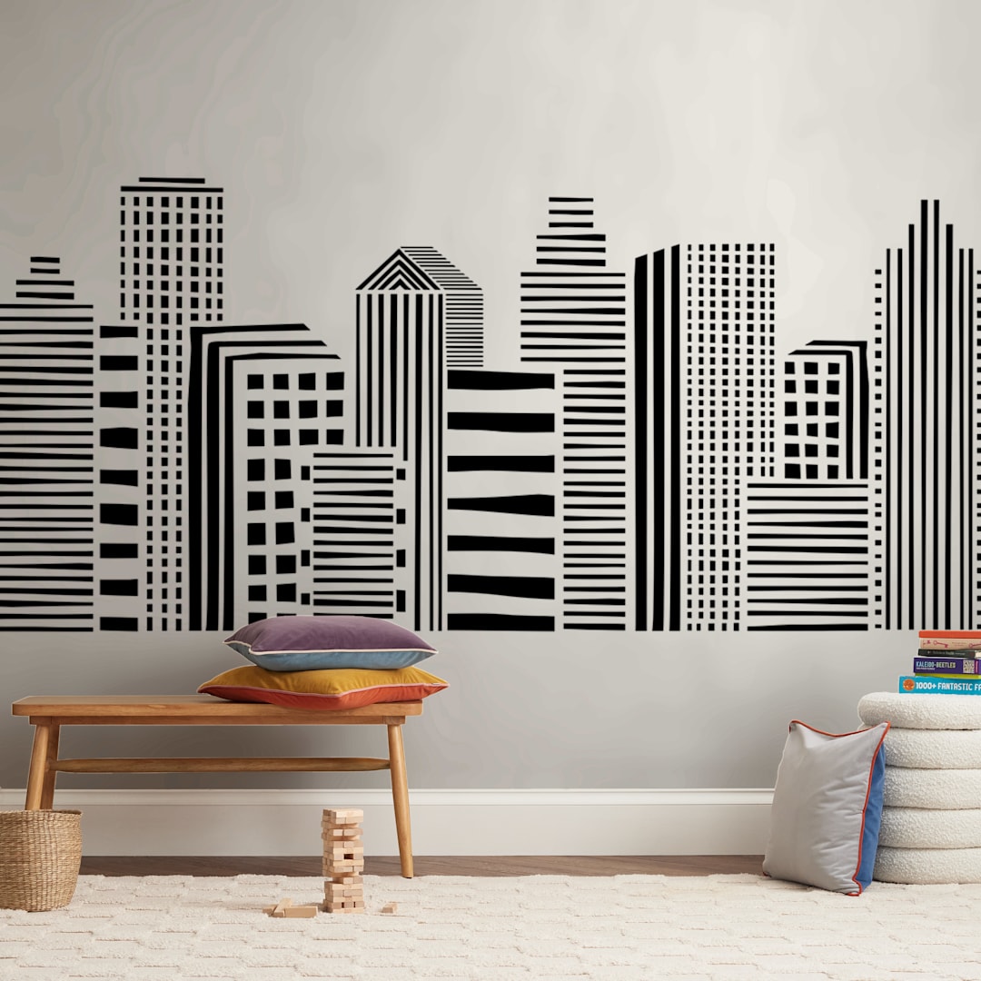 "Linear Cityscape" - Wall Mural in White by Daniela - In a Room