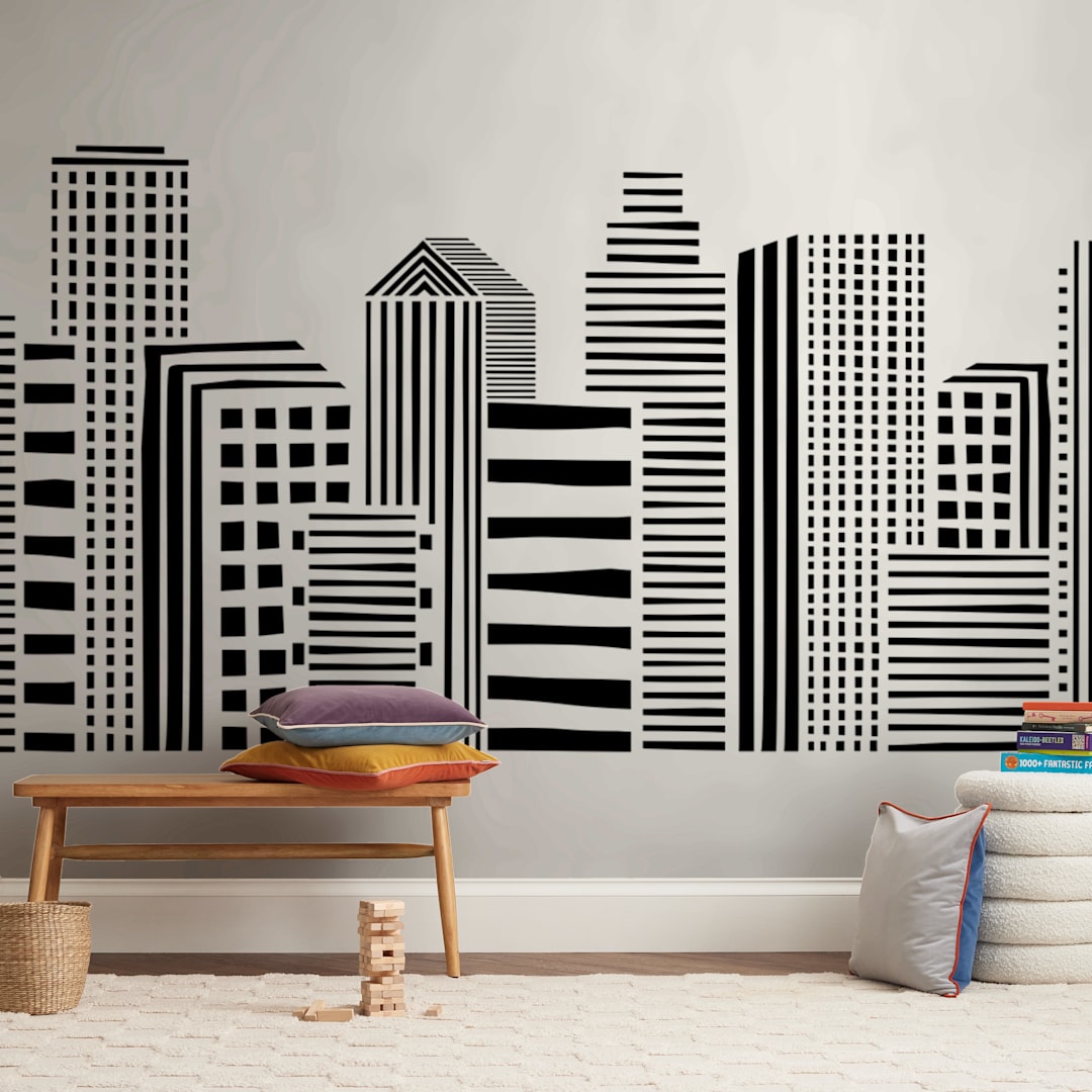 "Linear Cityscape" - Wall Mural in White by Daniela - In a Room