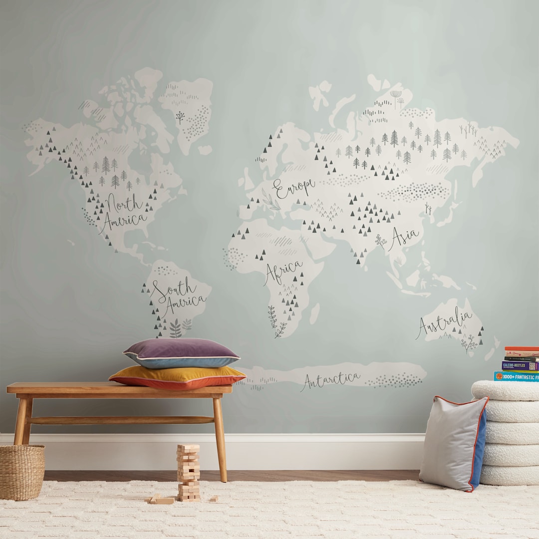 "Beautiful World Map" - Wall Mural in White by Jessie Steury - In a Room