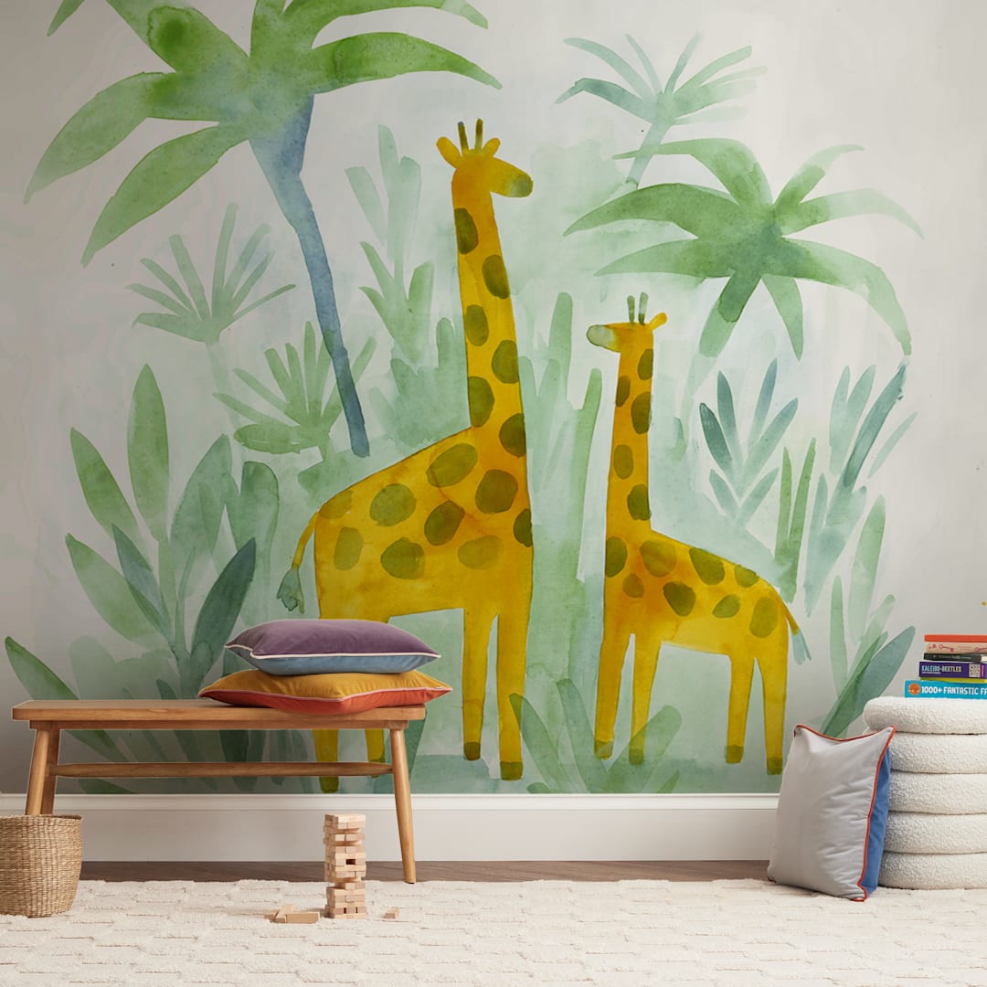 "Giraffes on Holiday" - Wall Mural in Jungle by Rebecca Daublin - In a Room