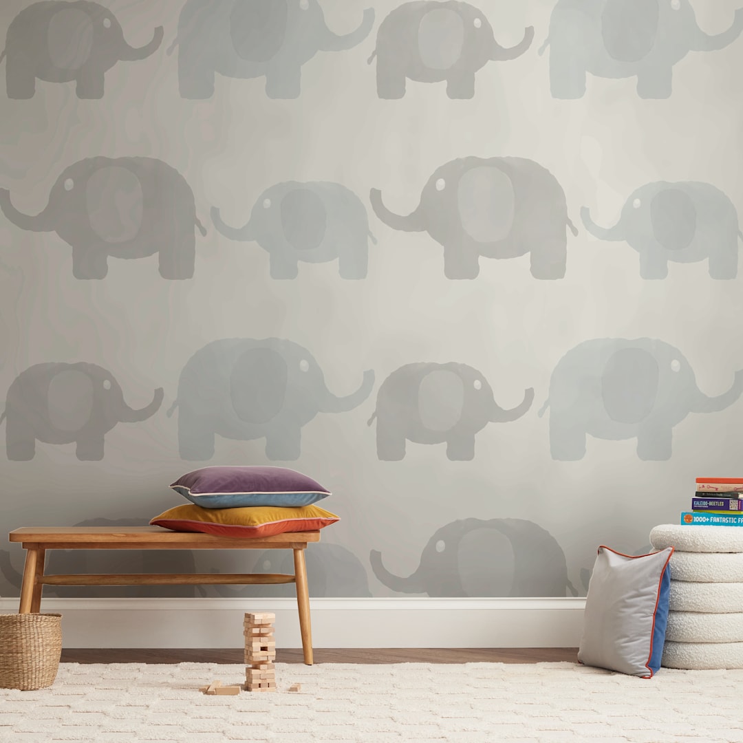 "Elephants" - Wall Mural in White by Carmen Guedez - In a Room