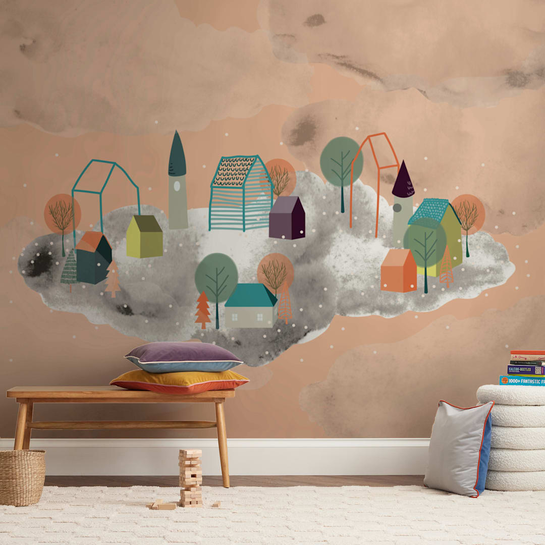 "Town in the Clouds" - Wall Mural in Orangesicle by Megan Monismith - In a Room