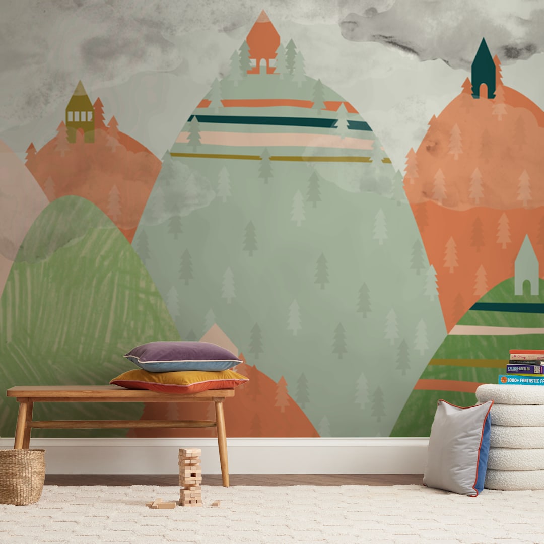 "Town on the hills" - Wall Mural in White by Megan Monismith - In a Room