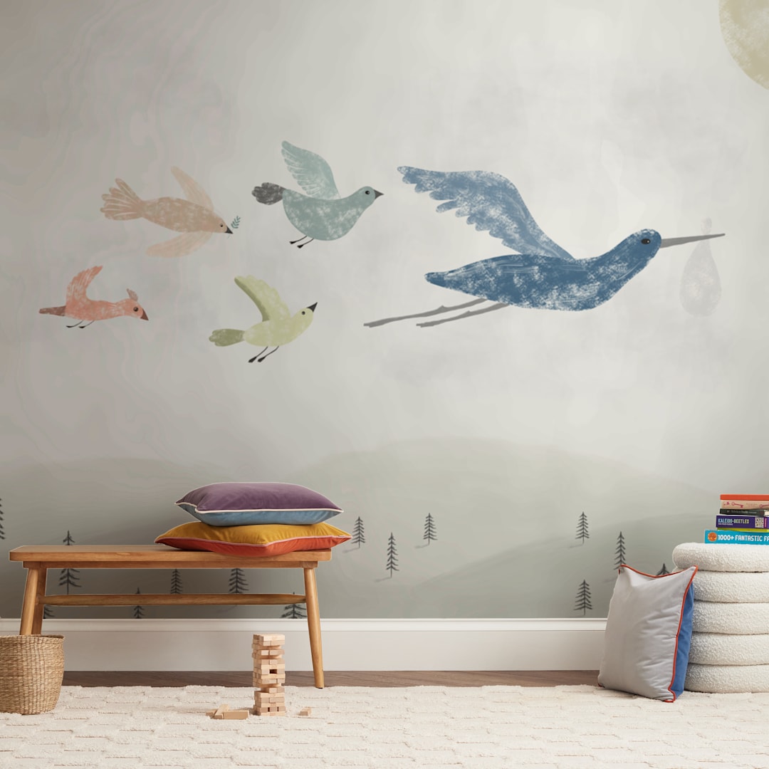 "Stork at work" - Wall Mural in White by Maja Cunningham - In a Room