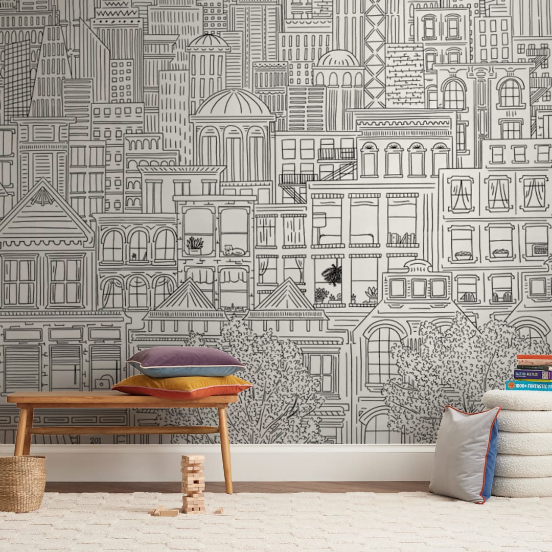 "In the City" - Wall Mural in White by Shiny Penny Studio - In a Room