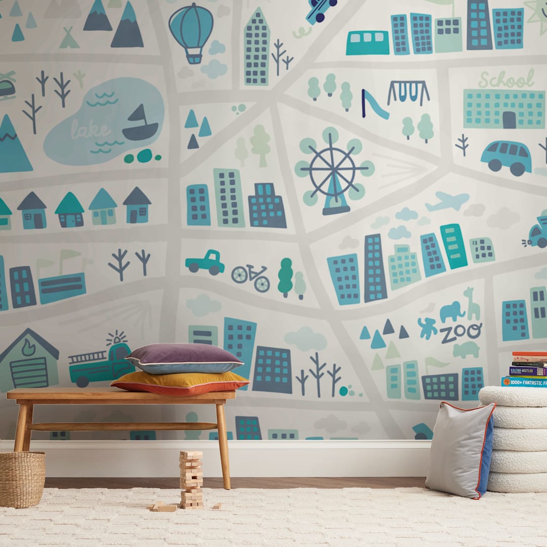"Kid City Map" - Wall Mural in White by Jessie Steury - In a Room