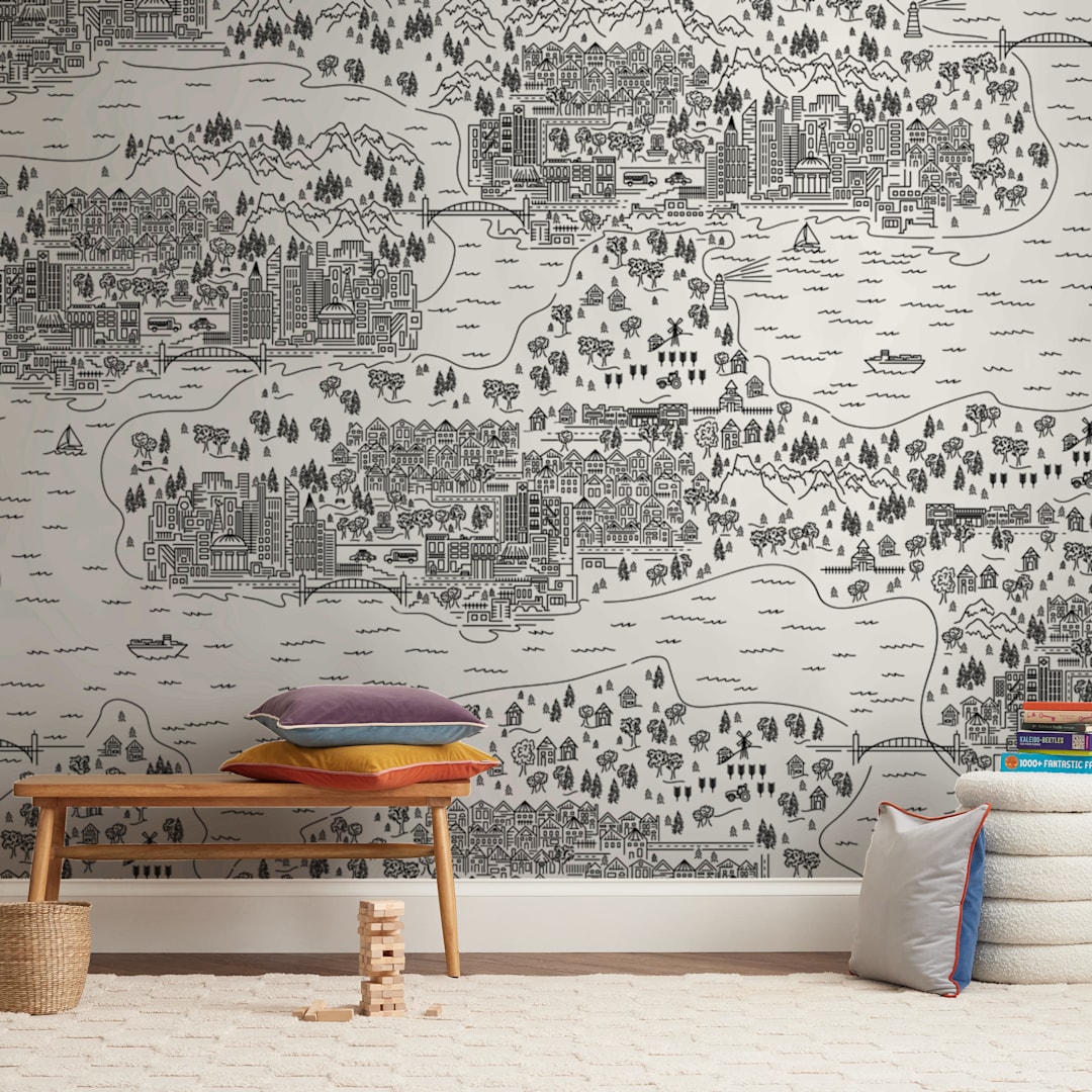 "Line Map" - Wall Mural in Black and White by Shiny Penny Studio - In a Room