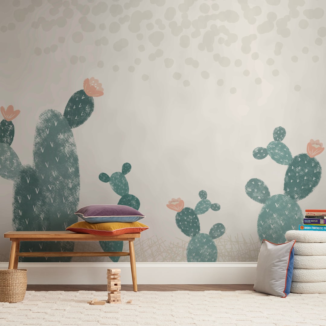 "Cactus Garden" - Wall Mural in White by Maja Cunningham - In a Room