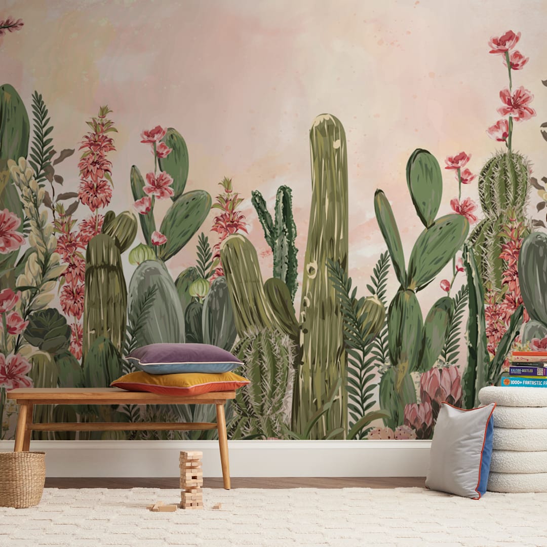 "Cactus Fantasy Garden" - Wall Mural in White by Susan Moyal - In a Room
