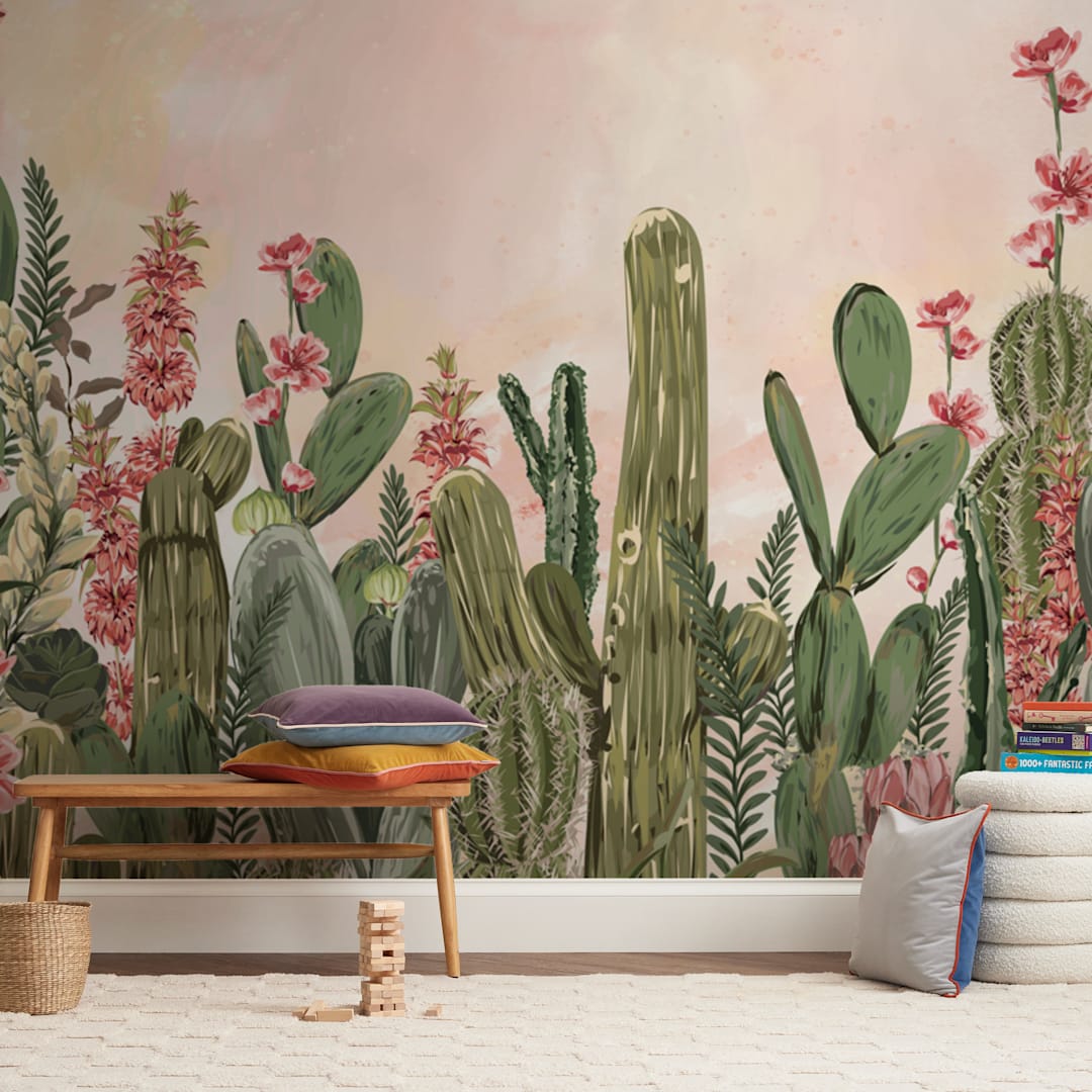 "Cactus Fantasy Garden" - Wall Mural in White by Susan Moyal - In a Room