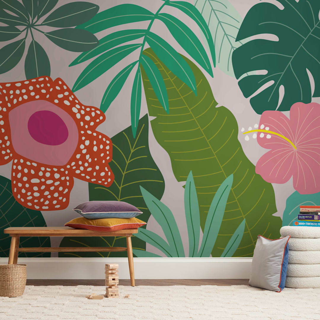 "rainforest leaves" - Wall Mural in White by Cass Loh - In a Room