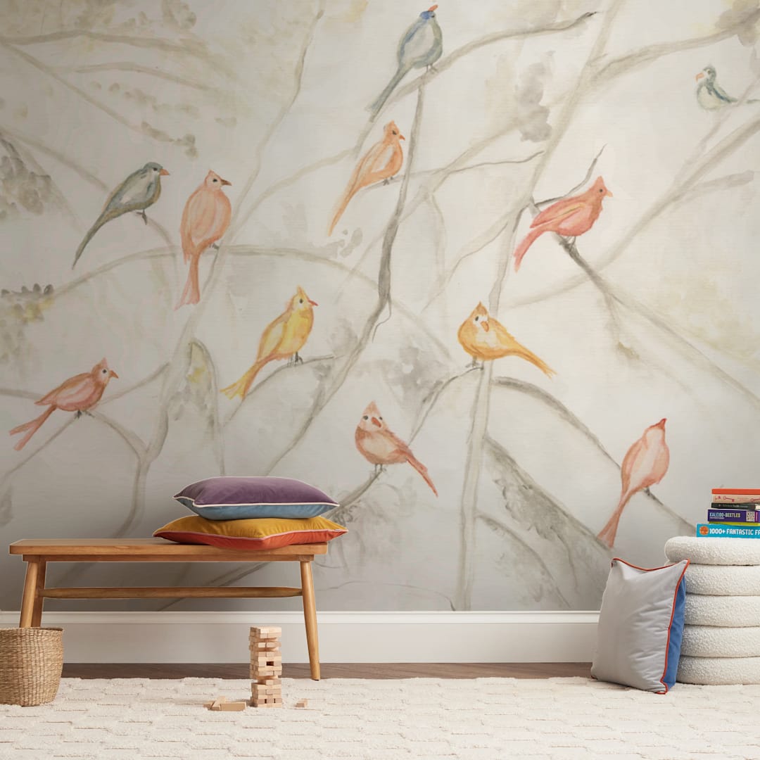"Birds on trees" - Wall Mural in White by Flavia Carneiro - In a Room