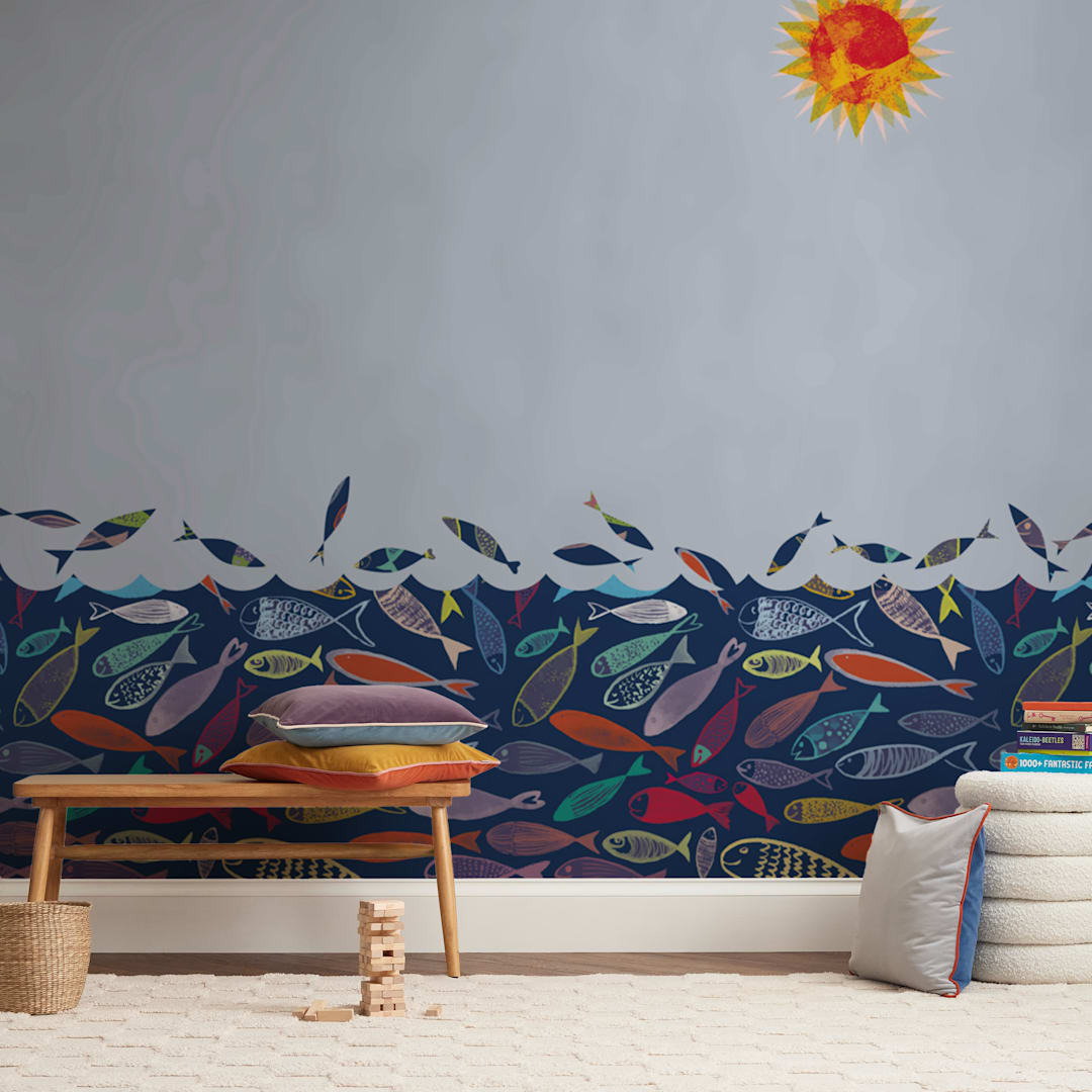 "Fun in the sea" - Wall Mural in White by Bethania Lima - In a Room