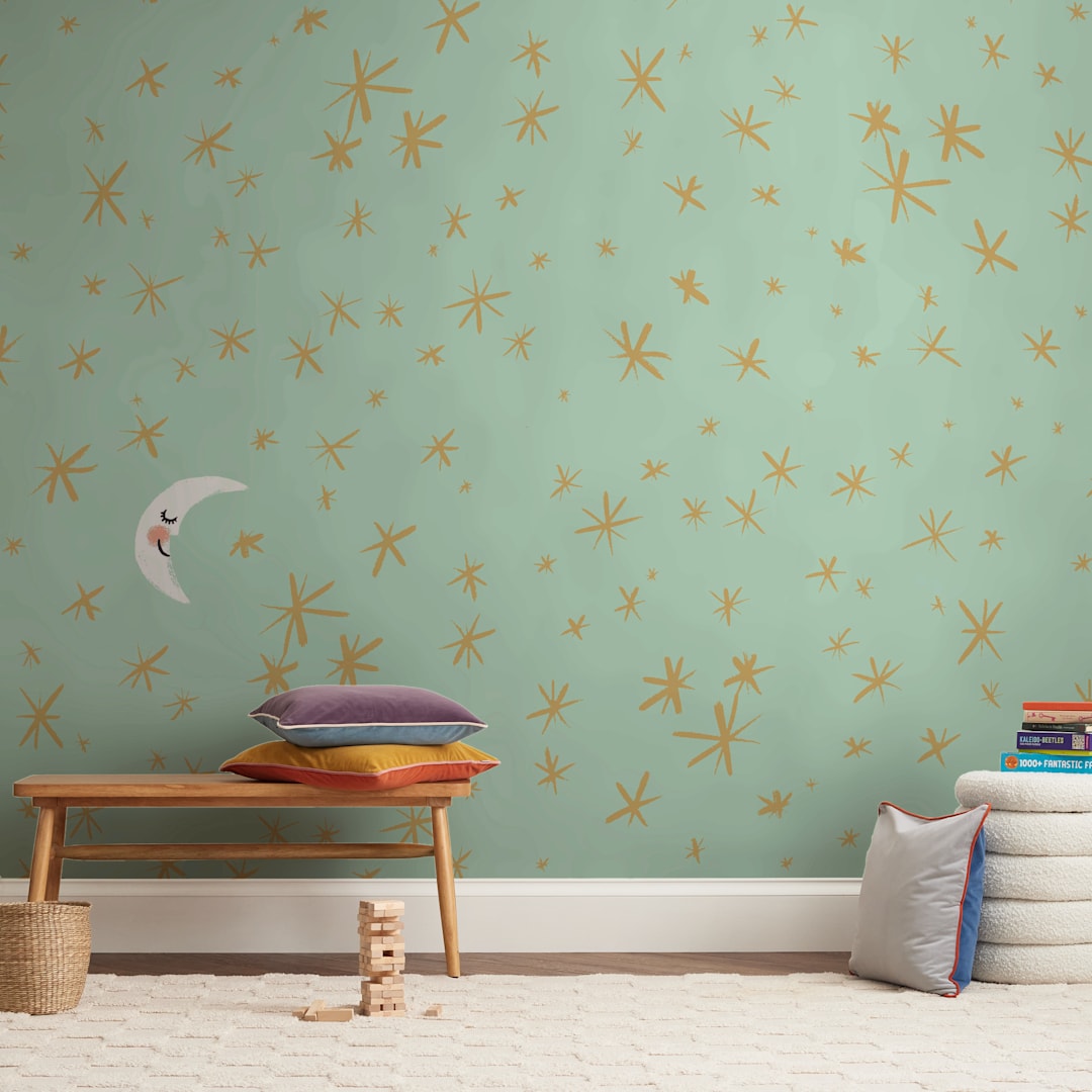 "Good Night Moon and Stars" - Wall Mural in Mint by Patrice Horvath - In a Room