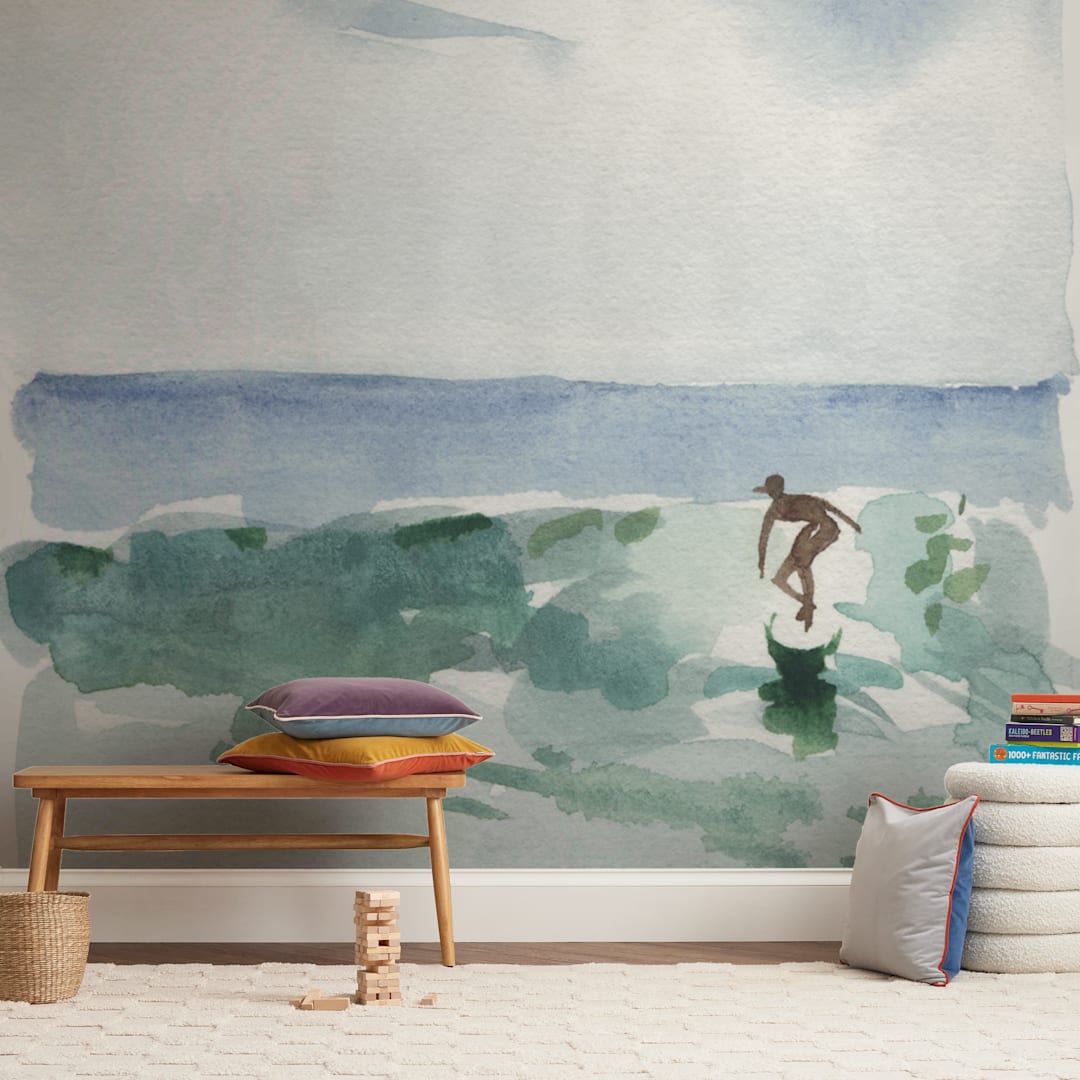 "Hang Five" - Wall Mural in Pacific Green by Mary Cecelia - In a Room