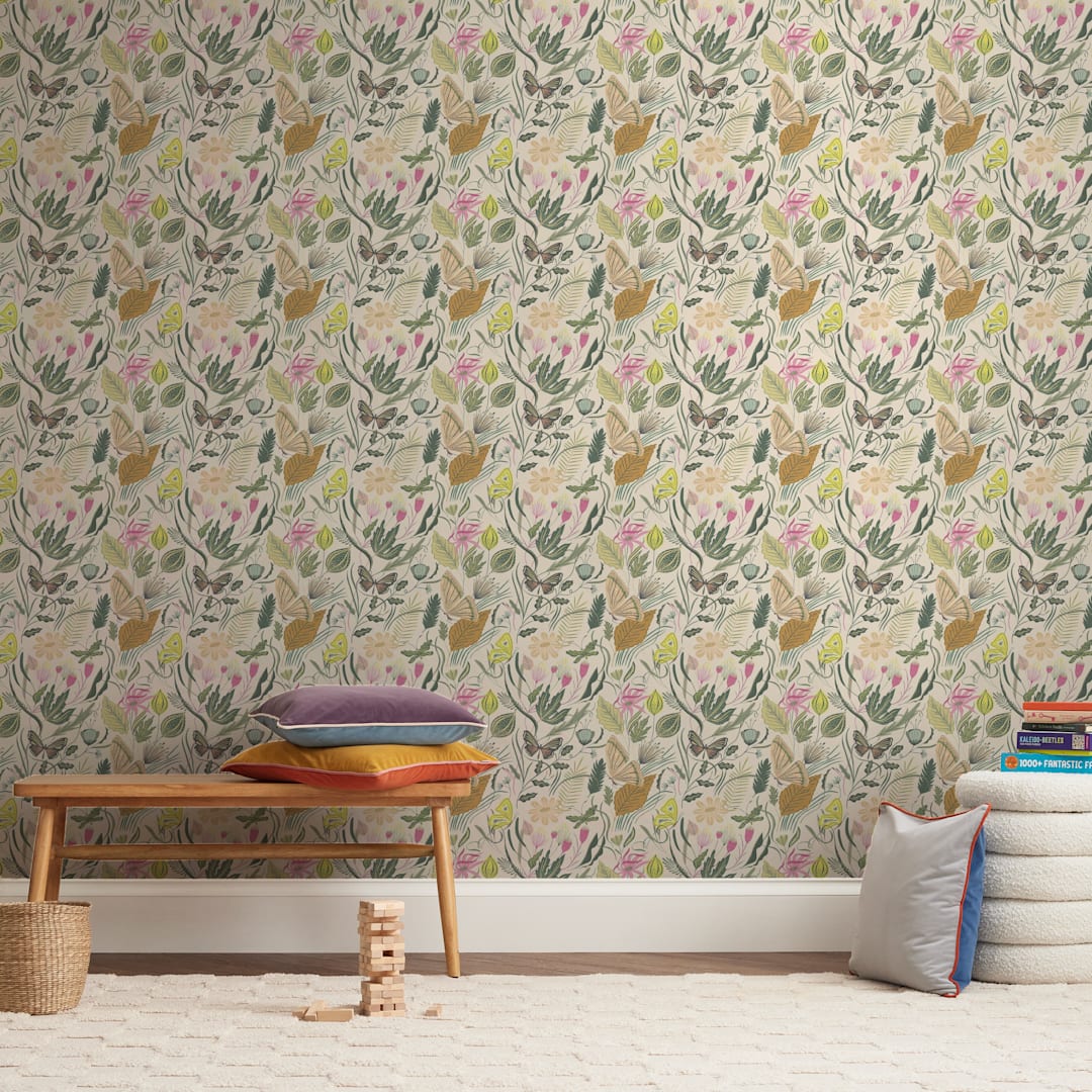 "Folk Butterflies" - Wall Mural in Cream by Morgan Ramberg - In a Room