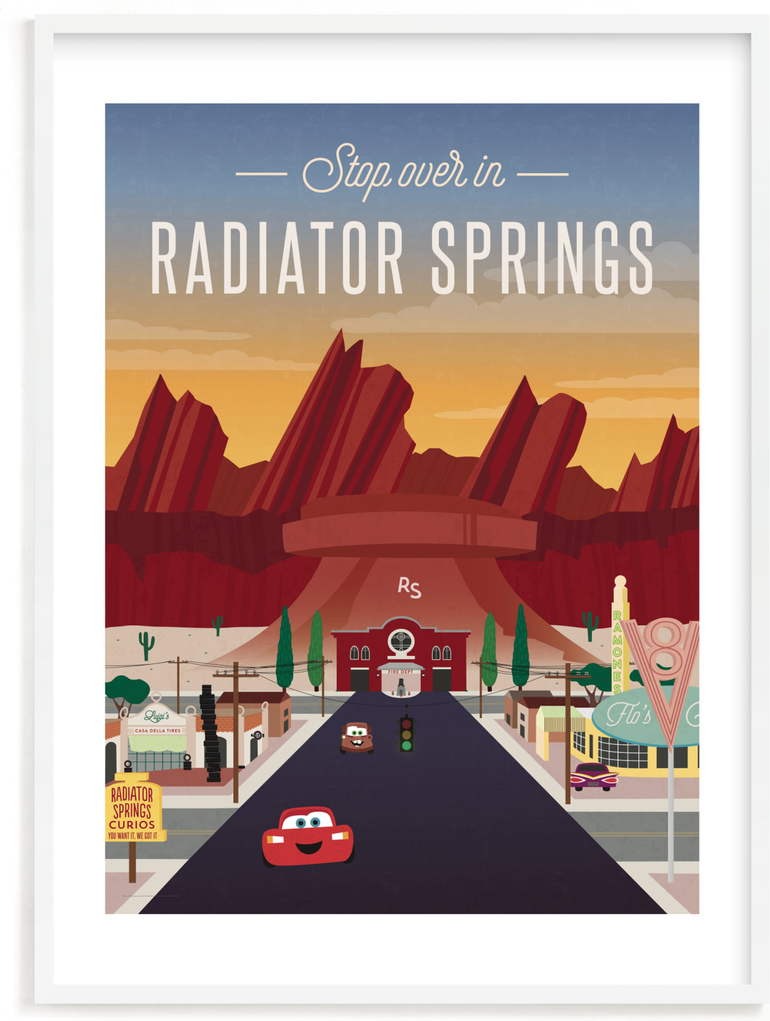This is a colorful, beige, red disney art by Erica Krystek called Stop Over In Radiator Springs from Disney and Pixar's Cars.