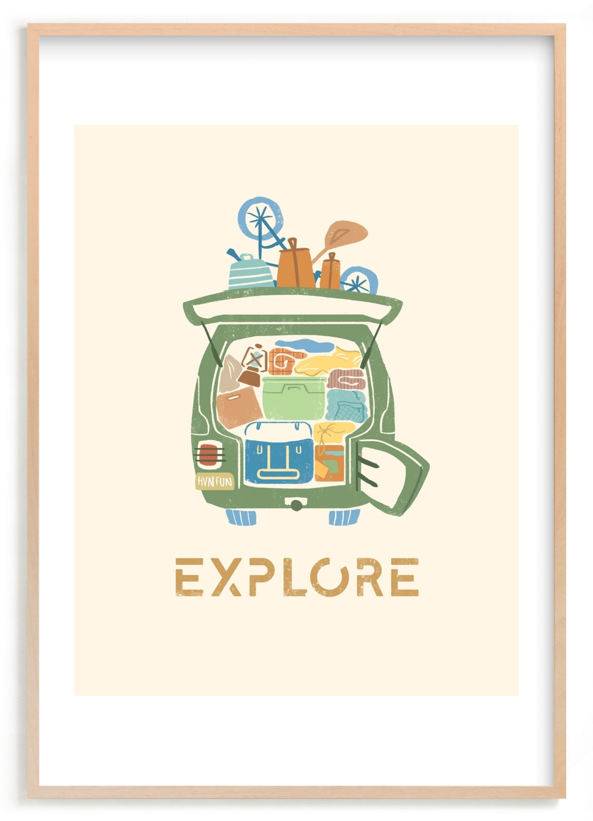 "All Packed and Ready to Explore" - Art Print in Pine by Kayla Buchner - Framed