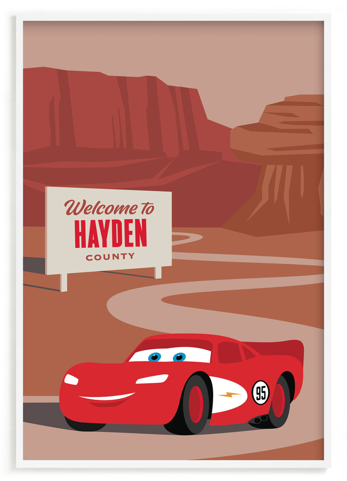 "Lightning McQueen Route 66 from Disney and Pixar's Cars" - Disney Custom Open Edition Children's Art Print by Jill Means in beautiful frame options and a variety of sizes.