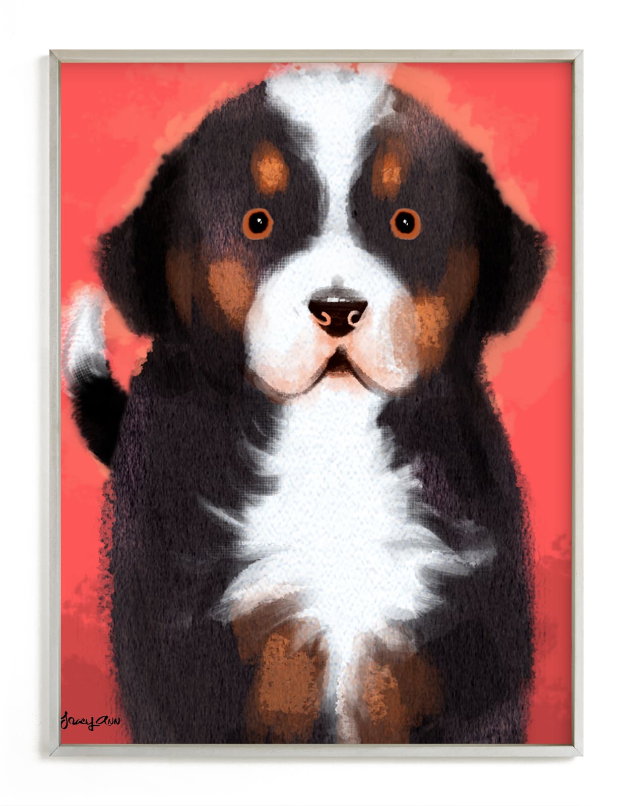"Puppy Dog on Red" by Tracy Ann in beautiful frame options and a variety of sizes.
