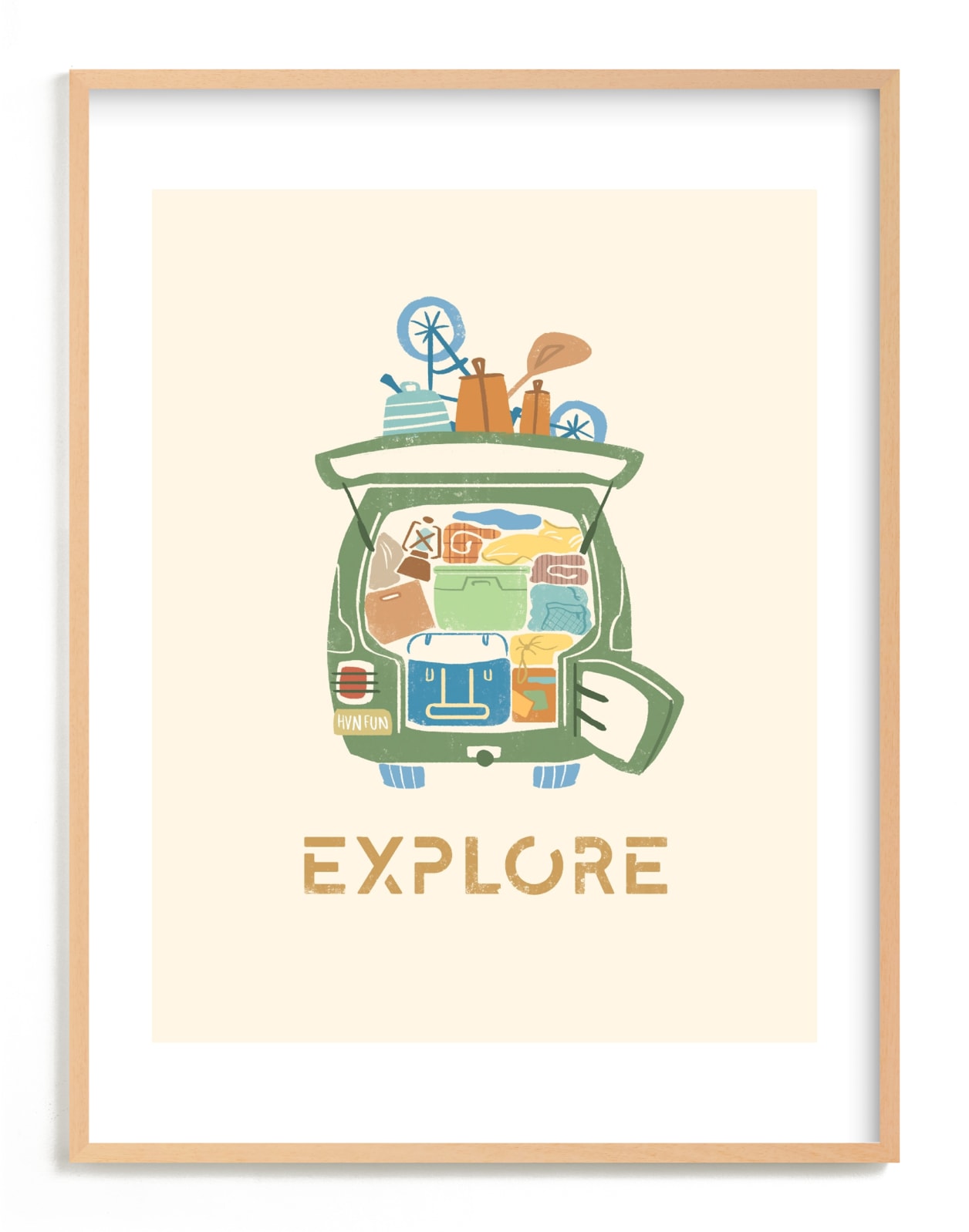 "All Packed and Ready to Explore" - Art Print in Pine by Kayla Buchner - Framed