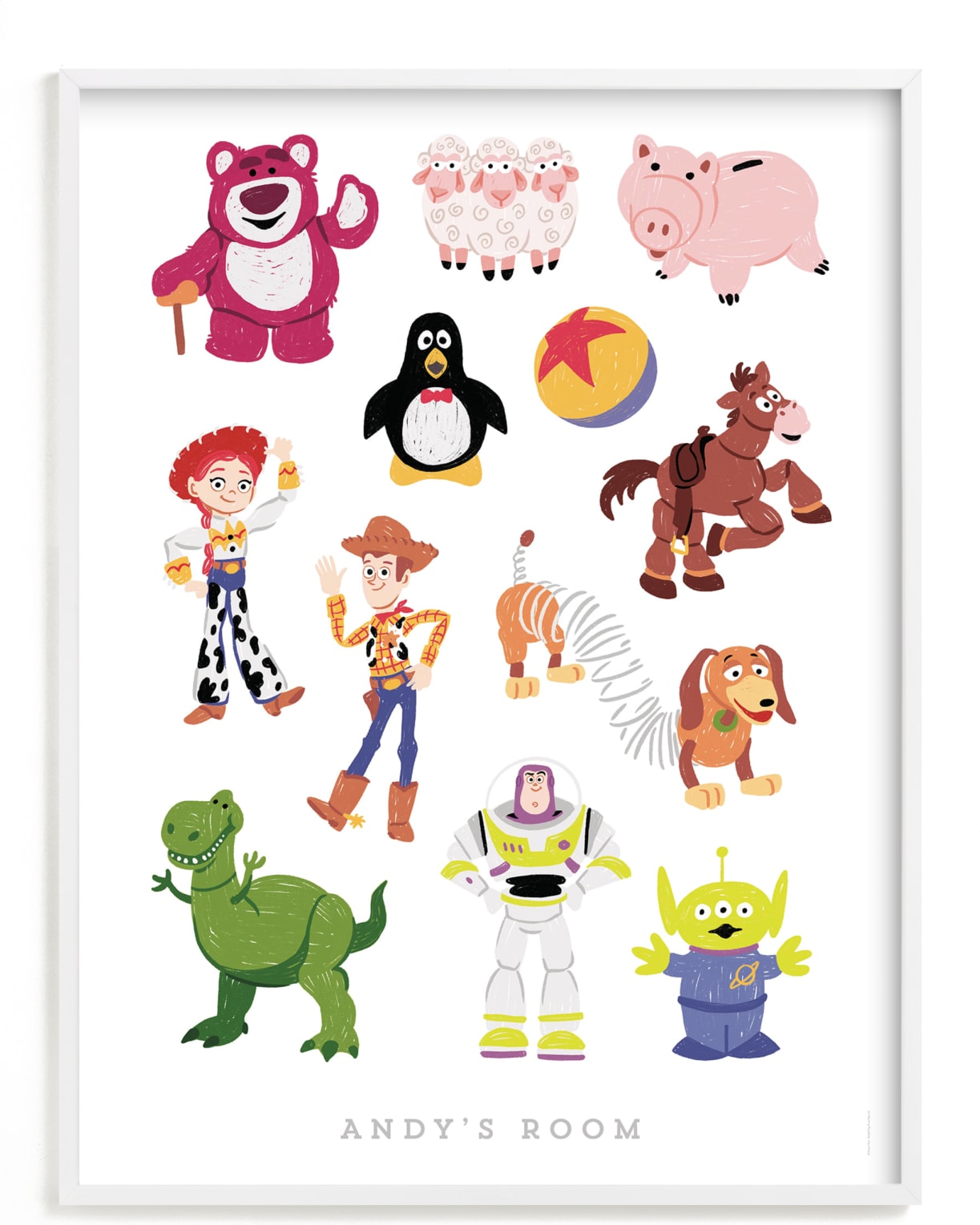 This is a colorful disney art by Rebecca Smith called Andy's Toys from Disney and Pixar's Toy Story.