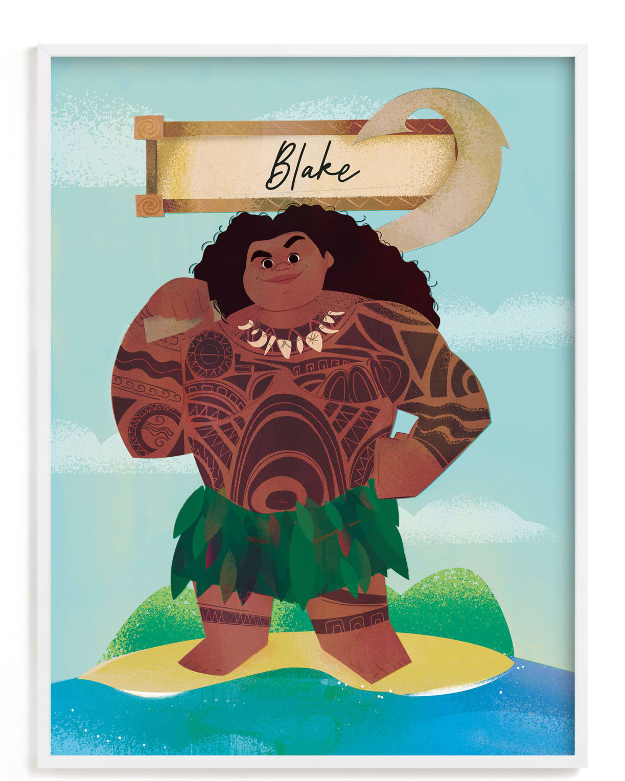This is a blue disney art by Lori Wemple called Maui the Wayfinder | Moana.