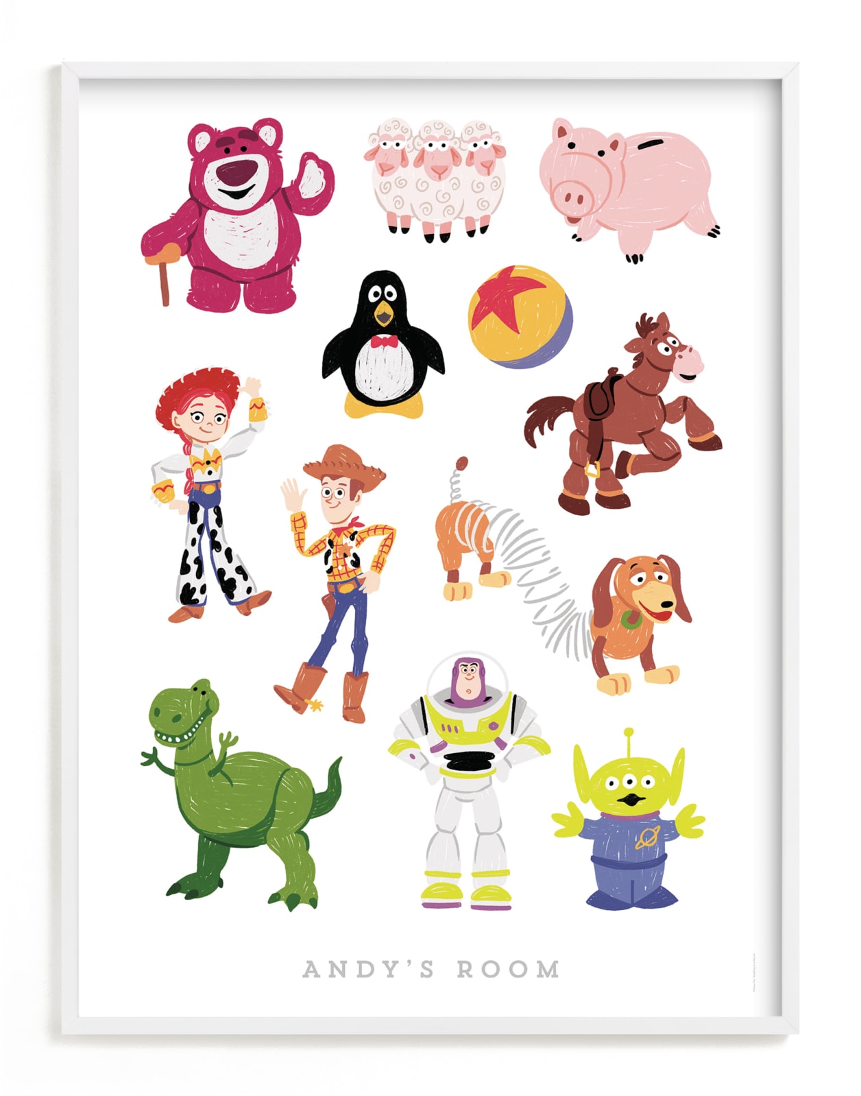 "Andy's Toys from Disney and Pixar's Toy Story" - Disney Children's Custom Art Print by Rebecca Smith in beautiful frame options and a variety of sizes.