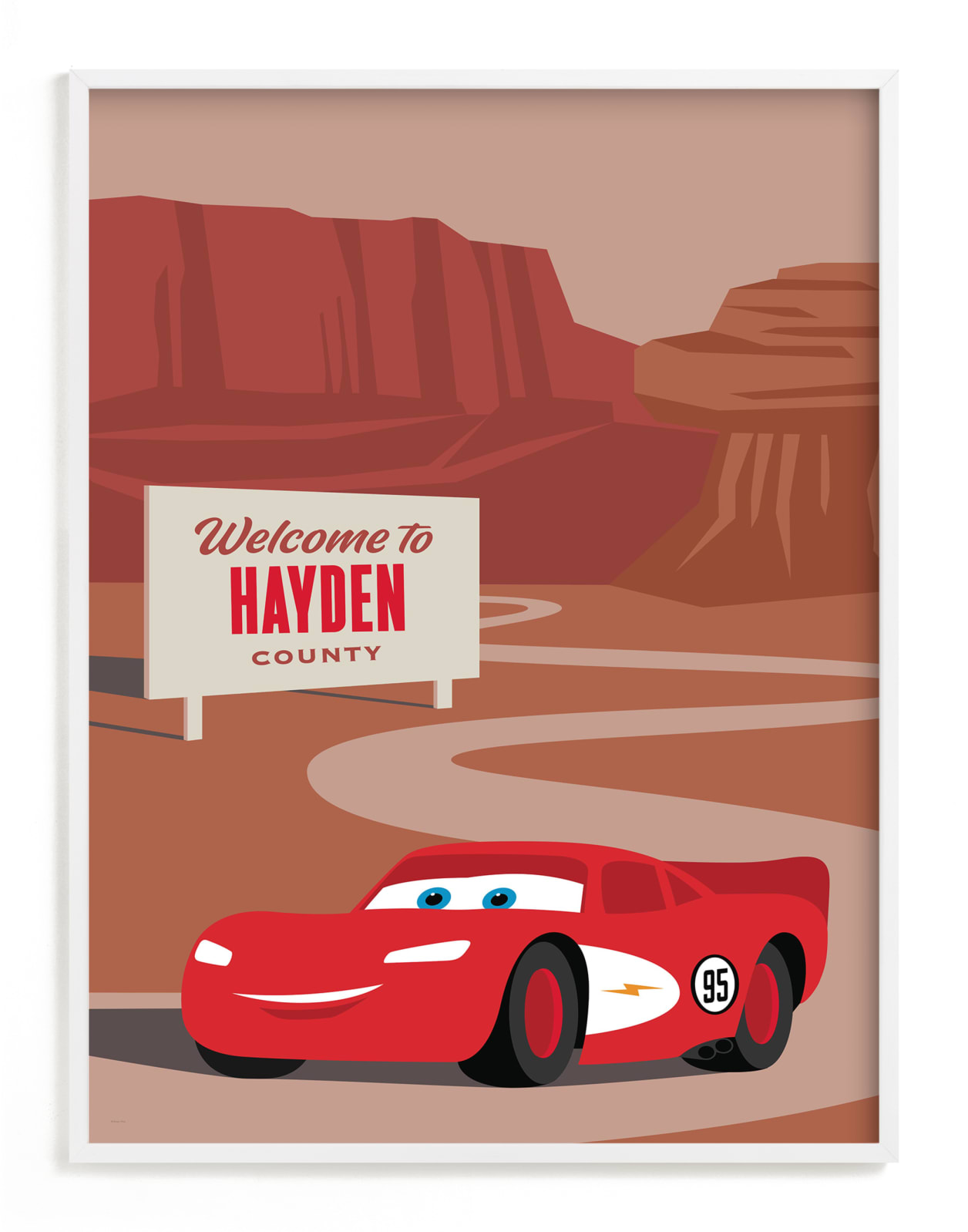 "Lightning McQueen Route 66 from Disney and Pixar's Cars" - Disney Custom Open Edition Children's Art Print by Jill Means in beautiful frame options and a variety of sizes.