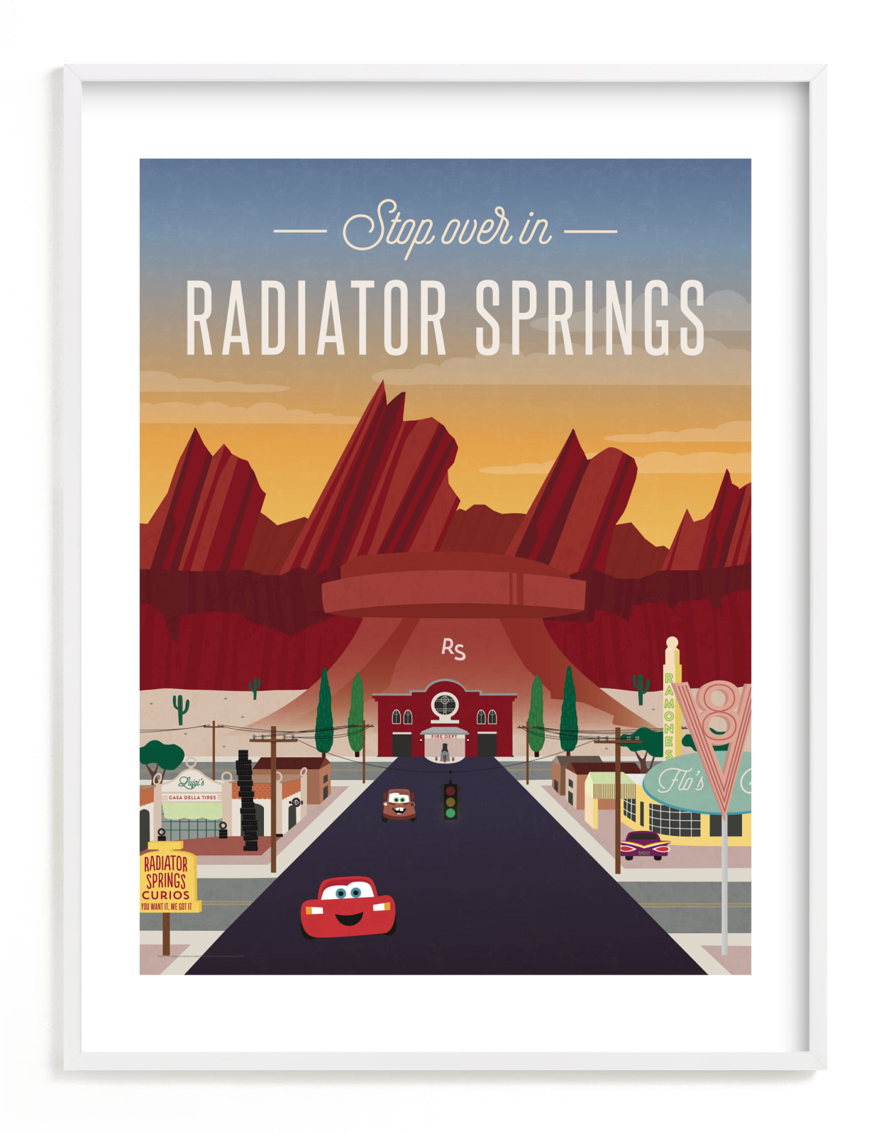 "Stop Over In Radiator Springs from Disney and Pixar's Cars" - Limited Edition Art Print by Erica Krystek in beautiful frame options and a variety of sizes.