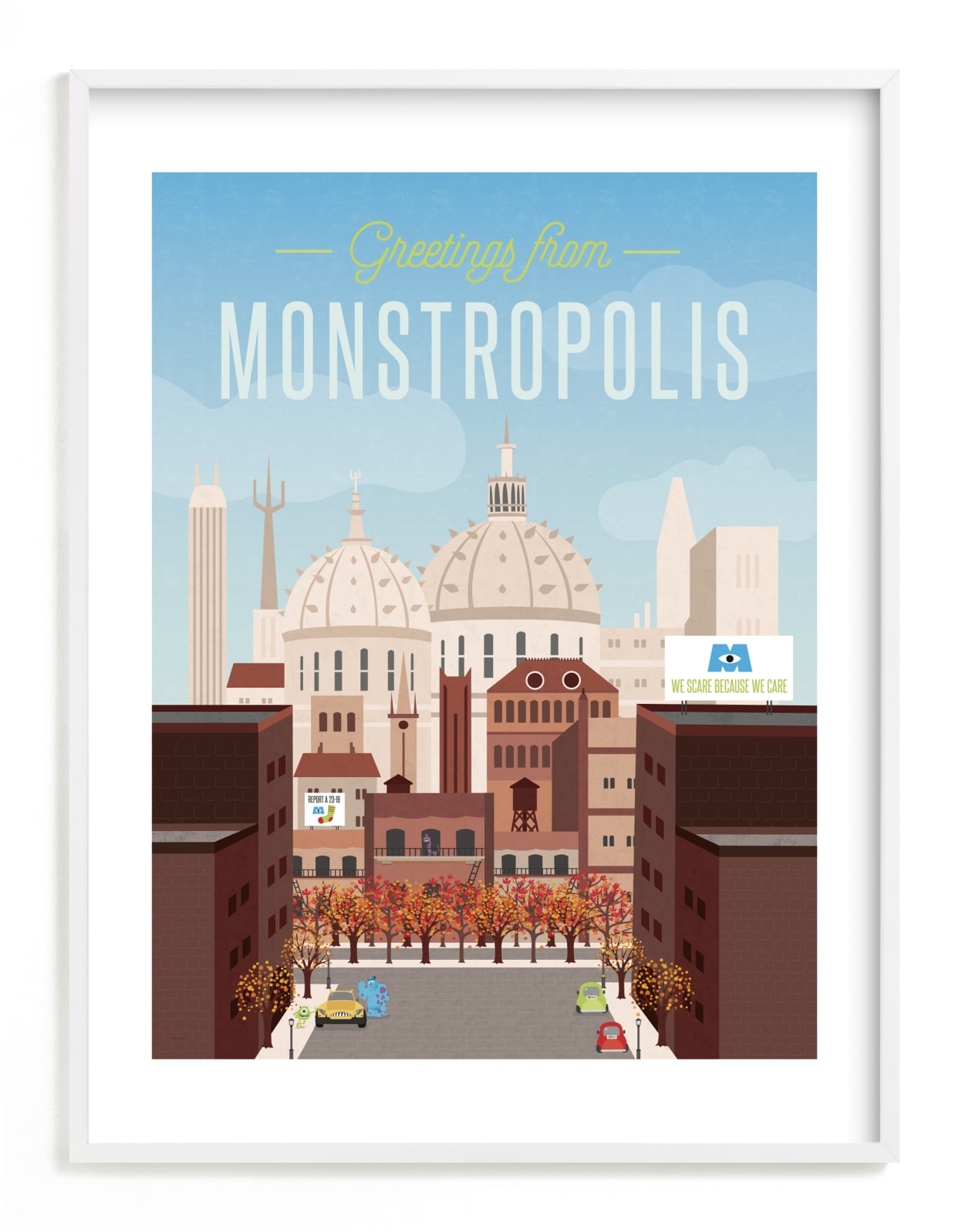 "Greetings from Monstropolis from Disney and Pixar's Monster's Inc" - Limited Edition Art Print by Erica Krystek in beautiful frame options and a variety of sizes.