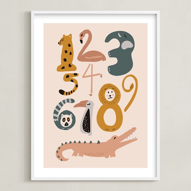 "Safari Friends Numerals" - Art Print in Flamingo by Jenna Holcomb - Framed