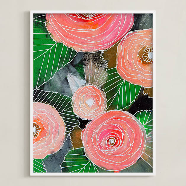 "Rosey Botanicals" - Art Print in Rosey Coral by Sarah Fitzgerald - Framed