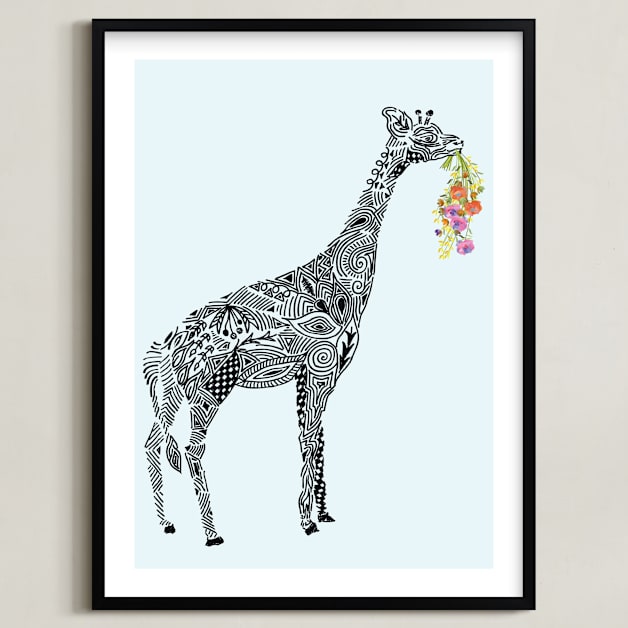 "Designer Giraffe with flowers" - Art Print in Sky by Kanika Mathur - Framed