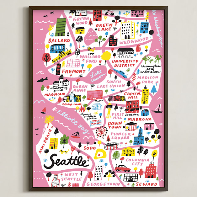 "I Love Seattle" - Art Print in Flamingo Pink by Jordan Sondler - Framed